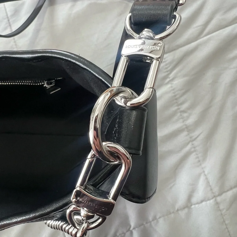 Black Leather Shoulder Bag with Monogram Strap - Picture 11 of 11